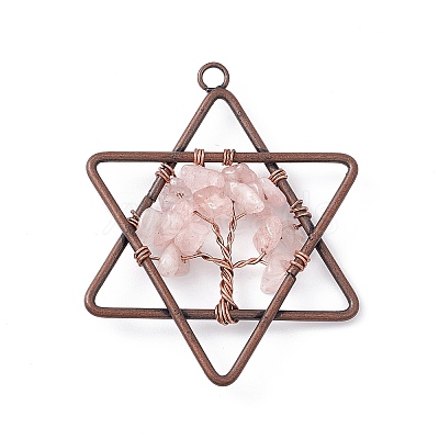Pentagram Natural Rose Quartz Copper Wire Wrapped Chip Big Pendants G-E195-10R-01-1