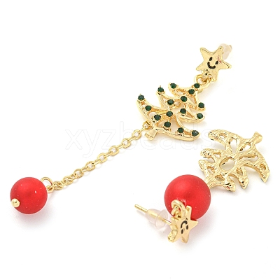 Christmas Tree & Round Alloy & Acrylic Beaded Dangle Stud Earrings for Women EJEW-G406-02G-1