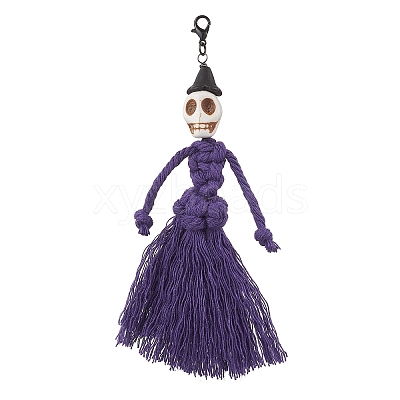 Halloween Cotton Threads Tassel & Synthetic Turquoise Skull Pendant Decorations HJEW-JM03757-02-1