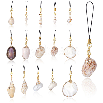 15Pcs 15 Styles Electroplated Natural Mixed Shell Mobile Straps HJEW-ME00097-1