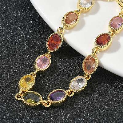 Oval Brass Pave Cubic Zirconia Link Chain Bracelets for Women BJEW-P385-02G-1