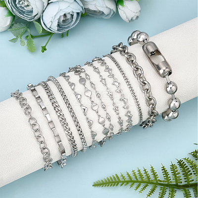 12Pcs 12 Style 304 Stainless Steel Chain Bracelets BJEW-DC0001-02-1