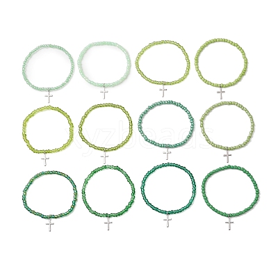 12Pcs 12 Colors 201 Stainless Steel Cross Charm Bracelets BJEW-JB13549-1