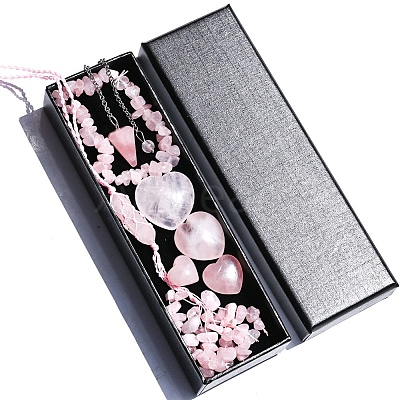 Natural Rose Quartz Dowsing Pendulum Cone Big Pendants & Heart Massage Stone & Bracelet & Pendant Decoration Sets PW-WG73208-01-1
