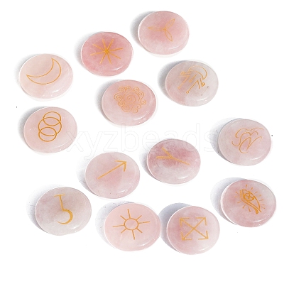 13Pcs 13 Styles Flat Round Natural Rose Quartz Rune Stones PW-WG15937-04-1