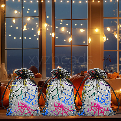 Halloween Theme Spider Printed Organza Drawstring Bags ABAG-WH20021-006F-1