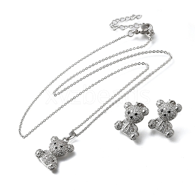 Bear Brass Micro Pave Cubic Zirconia Stud Earrings & Pendant Necklaces Sets SJEW-Z002-01P-1