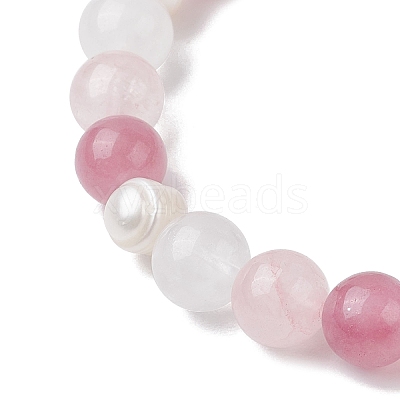 Natural Rose Quartz & Strawberry Quartz & Pearl Round Beaded Stretch Bracelets for Women BJEW-JB11041-05-1