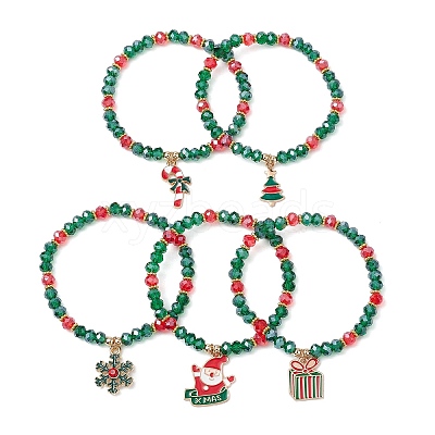 5Pcs Christmas Theme Glass Beaded Stretch Bracelets BJEW-JB11184-1