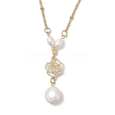 Natural Keshi Pearl Flat Round and Alloy Flower Pendant 304 Stainless Steel Satellite Chain Necklaces for Women NJEW-JN05619-1