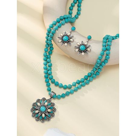 Flower Synthetic Turquoise with Alloy Pendant Necklaces & Stud Dangle Earrings Sets WG550B3-02-1