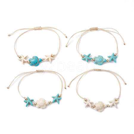 4Pcs 4 Styles Synthetic Turquoise Braided Starfish & Tortoise Beaded Bracelets BJEW-JB10201-1