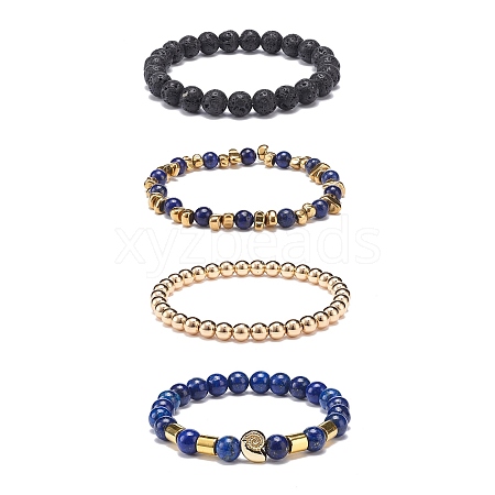 4Pcs 4 Style Natural Lava Rock & Lapis Lazuli(Dyed) & Synthetic Hematite Stretch Bracelets Set with Alloy Shell Beaded BJEW-JB08738-1