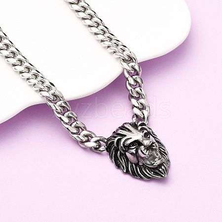 304 Stainless Steel Lion Head Pendant Cuban Link Chain Necklaces NJEW-C099-05AS-1