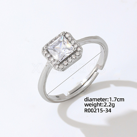 Rectangle Platinum Brass Adjustable Ring with Cubic Zirconia EG7863-28-1