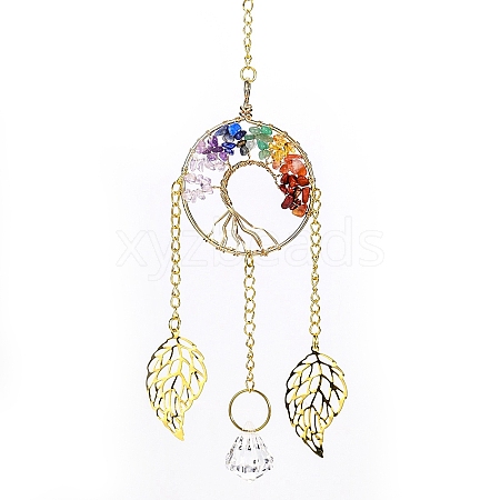 Chakra Natural Gemstone Chips Wire Wrapped Metal Tree of Life Hanging Ornaments PW-WG220CC-02-1