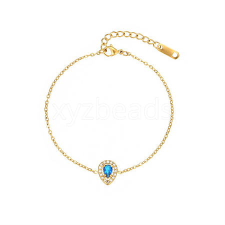 Cubic Zirconia Teardrop Link Bracelet with Golden Stainless Steel Cable Chains DH6731-1-1