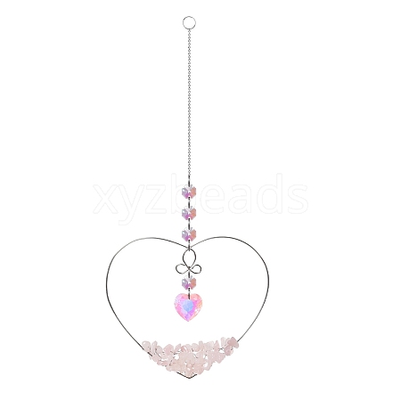 Natural Rose Quartz Chips Wire Wrapped Metal Heart Hanging Ornaments PW-WG7A082-03-1