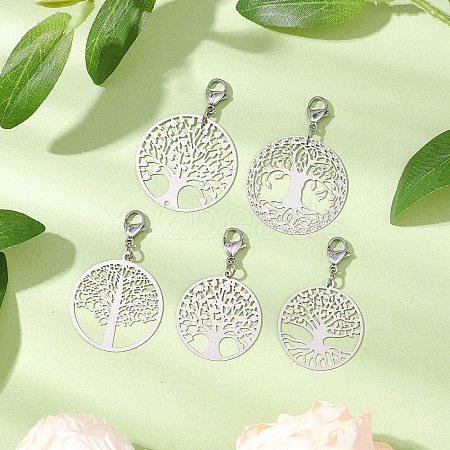 201 Stainless Steel Flat Round with Tree of Life Pendant Decorations HJEW-JM02521-1