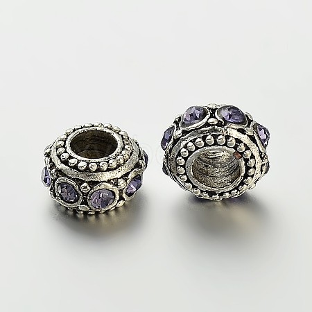 Antique Silver Zinc Alloy Rhinestone Large Hole European Rondelle Beads CPDL-O005-13-1