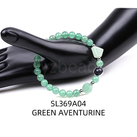 Natural Green Aventurine Pyramid & Synthetic Blue Goldstone Beaded Stretch Bracelet PW-WG46847-04-1