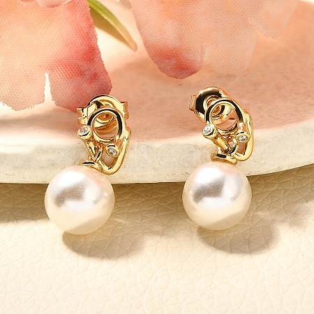 Round Brass Micro Pave Cubic Zirconia & ABS Plastic Pearl Dangle Stud Earrings EJEW-C126-06G-1