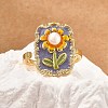 Flower Pattern Brass Enamel & Natural Freshwater Pearl Open Cuff Rings for Women RJEW-G342-01G-01-3