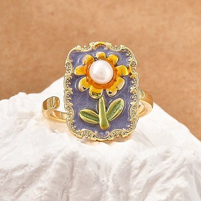 Flower Pattern Brass Enamel & Natural Freshwater Pearl Open Cuff Rings for Women RJEW-G342-01G-01-1