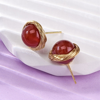 Brass Natural Carnelian Stud Earrings EJEW-Q043-01G-1