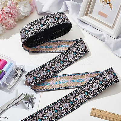 10 Yards Ethnic Style Polyester Jacquard Flower Ribbon OCOR-WH0078-185B-1