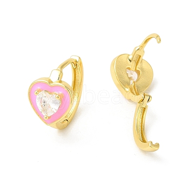 Enamel Heart Hoop Earrings with Clear Cubic Zirconia EJEW-E270-03G-03-1