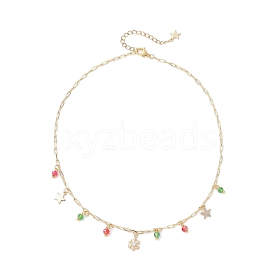 Christmas Brass Pave Clear Cubic Zirconia Snowflake & 304 Stainless Steel Star and Round Glass Tassel Brass Paperclip Chain Bib Necklaces NJEW-JN05504-1