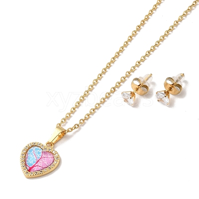Clear Cubic Zirconia Heart with Acrylic Tree Pendant Necklace & Diamond Stud Earrings SJEW-M099-03G-1