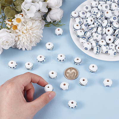 120Pcs 3 Styles Printed Blue and White Porcelain Wood Beads WOOD-OC0004-16-1