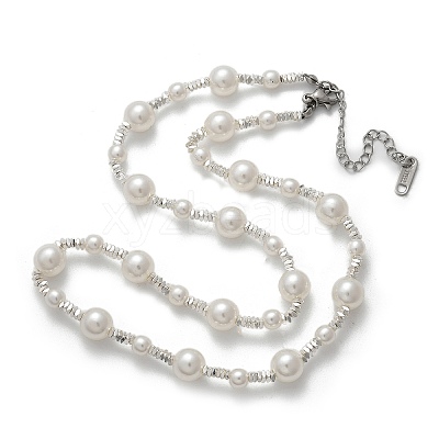 304 Stainless Steel & ABS Plastic Imitation Pearl Round Beded Necklaces for Women NJEW-S442-11P-1