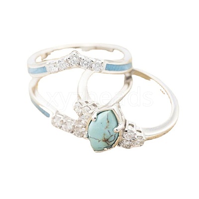 3Pcs Horse Eye Alloy & Crystal Rhinestone & Synthetic Turquoise Finger Rings FS-WG40CFA-09-1