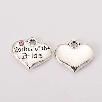 Wedding Theme Antique Silver Tone Tibetan Style Alloy Heart with Mother of the Bride Rhinestone Charms TIBEP-N005-18A-1