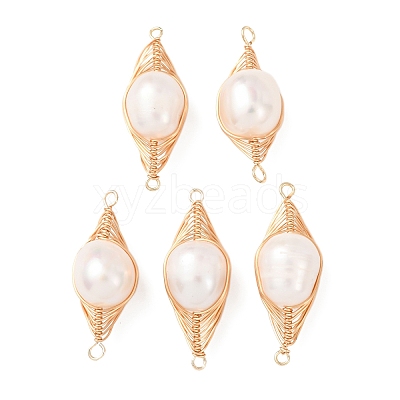 Copper Herringbone Wire-Wrapped Natural Pearl Potato Links Connector Charms KK-Z152-03G-02-1