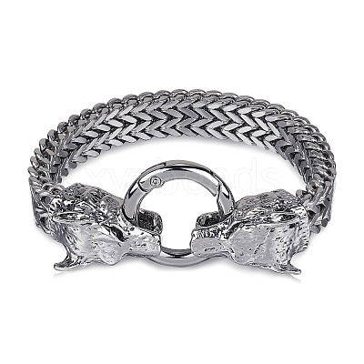 304 Stainless Steel Wolf Link Bracelet with Mesh Chains for Men Women BJEW-SZ0002-65-1
