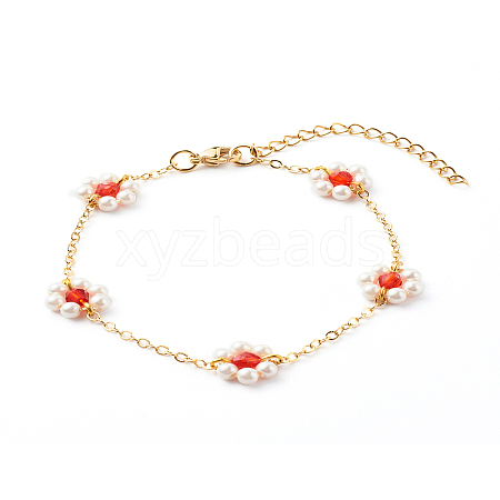 Shell Pearl & Acrylic Beads Flower Link Bracelets X1-BJEW-TA00003-01-1