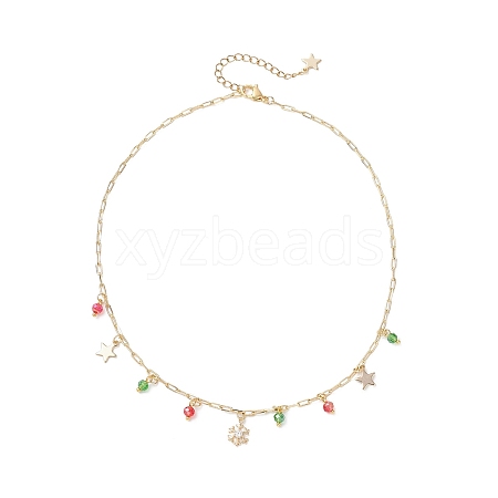 Christmas Brass Pave Clear Cubic Zirconia Snowflake & 304 Stainless Steel Star and Round Glass Tassel Brass Paperclip Chain Bib Necklaces NJEW-JN05504-1