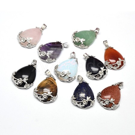 Teardrop with Flower Platinum Plated Brass Natural & Synthetic Mixed Stone Pendants G-F228-37-RS-1