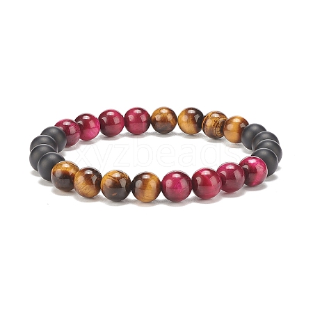 Natural Tiger Eye & Black Agate Round Beaded Stretch Bracelet BJEW-SZ0002-52C-1