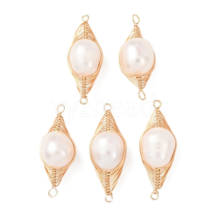 Copper Herringbone Wire-Wrapped Natural Pearl Potato Links Connector Charms KK-Z152-03G-02-1