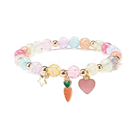 Candy Color Round Beaded Stretch Bracelet with Heart Star Carrot Charm for Women BJEW-JB07636-03-1