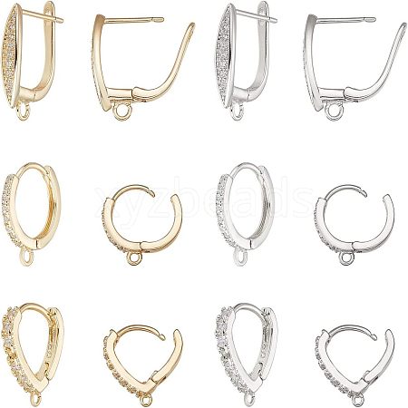 CHGCRAFT 12Pcs 6 Style Brass Micro Pave Clear Cubic Zirconia Hoop Earring Findings with Latch Back Closure FIND-CA0005-34-1