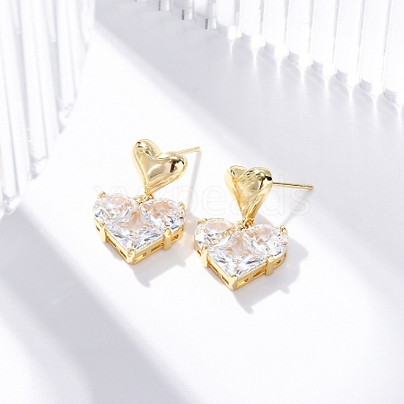 Rack Plating Heart Brass Micro Pave Clear Cubic Zirconia Dangle Stud Earrings EJEW-H147-18G-1