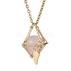 Brass Macrame Pouch Natural Rose Quartz Inside & 304 Stainless Steel Pendant Necklaces for Women NJEW-JN05607-02-3