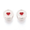 925 Sterling Silver Enamel Flat Round with Red Heart Beads STER-T009-22S-1
