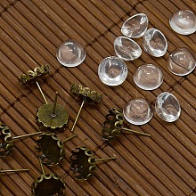 9.5~10x5~6mm Dome Transparent Glass Cabochons and Antique Bronze Brass Ear Stud Findings for DIY Picture Stud Earrings DIY-X0178-AB